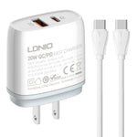 LDNIO Q229 QC3.0 / PD20W USB＋Type-C高速充電器 1m Type-C to Type-Cケーブル付き、EUプラグ、UKプラグ、USプラグ