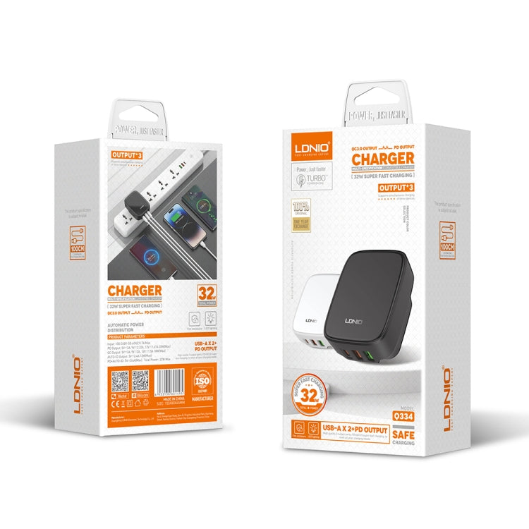 LDNIO Q334 32W Type-C + デュアル USB ポートチャージャー 1m USB-C / Type-C to USB-C / Type-C データケーブル付き、EUプラグ、UKプラグ、USプラグ
