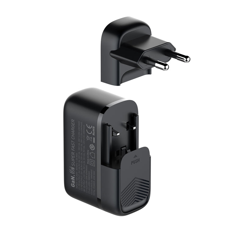 LDNIO Q366 65W USB + デュアル Type-C ポートチャージャー 1m USB-C / Type-C to USB-C / Type-C データケーブル付き、EUプラグ、UKプラグ、USプラグ