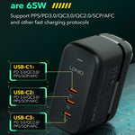 LDNIO Q367 65W GaN 3ポート USB-C / Type-C インターフェースチャージャー 1m USB-C / Type-C to USB-C / Type-C データケーブル付き、EUプラグ、UKプラグ、USプラグ