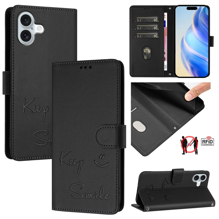 スマイルエンボスRFIDレザースマホケース、iPhone 17 Pro Max用、iPhone 17 Pro用、iPhone 17用、iPhone Air用、iPhone SE 2024用、iPhone 16 Pro Max用、iPhone 16 Pro用、iPhone 16 Plus用