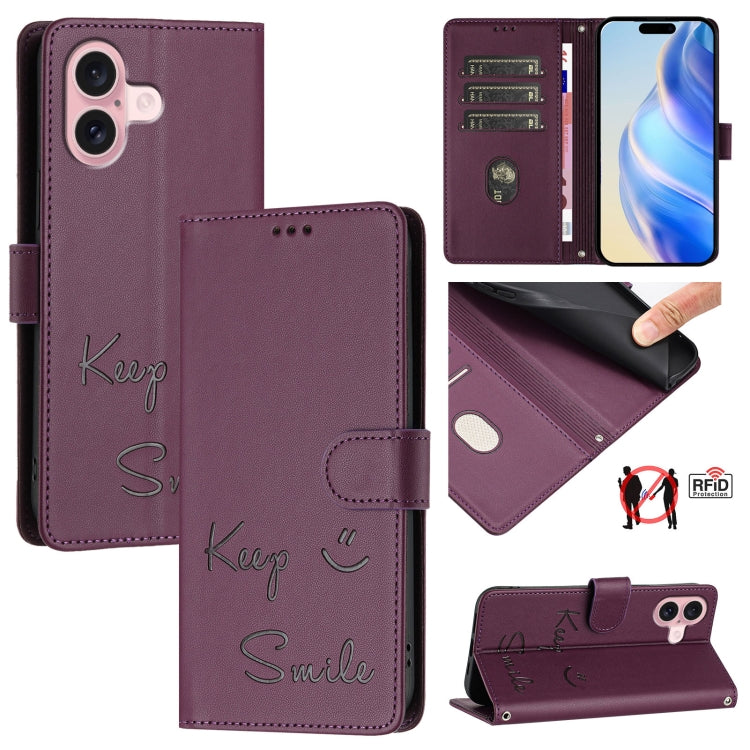 スマイル型押しRFIDレザー電話ケース、iPhone 16用、iPhone 15 Pro Max用、iPhone 15 Pro用、iPhone 15 Plus用、iPhone 15用、iPhone 14 Plus用、iPhone 14 / 13用、iPhone 14 Pro用