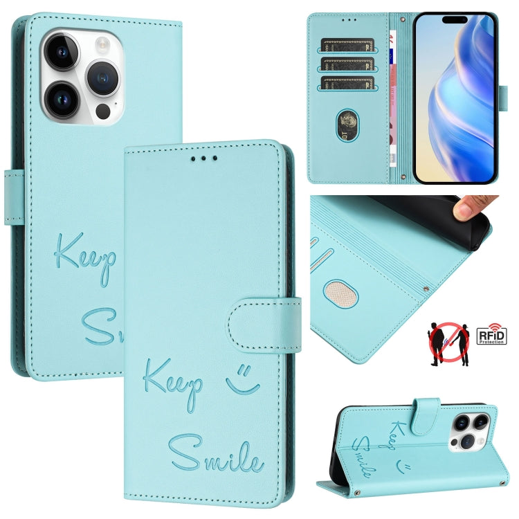 スマイル型押しRFIDレザー電話ケース、iPhone 16用、iPhone 15 Pro Max用、iPhone 15 Pro用、iPhone 15 Plus用、iPhone 15用、iPhone 14 Plus用、iPhone 14 / 13用、iPhone 14 Pro用