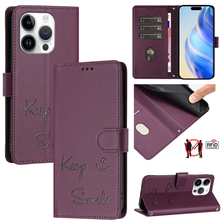 スマイル型押しRFIDレザー電話ケース、iPhone 16用、iPhone 15 Pro Max用、iPhone 15 Pro用、iPhone 15 Plus用、iPhone 15用、iPhone 14 Plus用、iPhone 14 / 13用、iPhone 14 Pro用