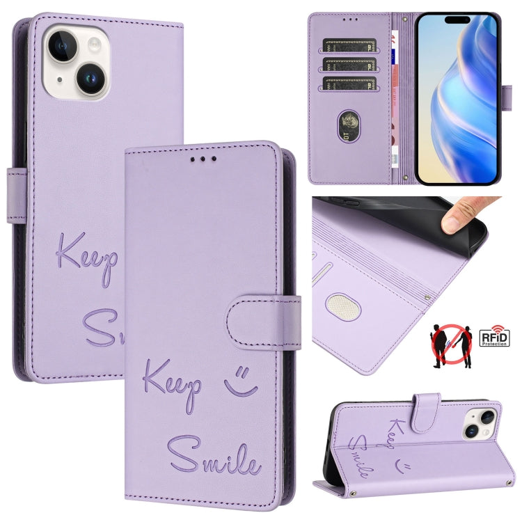 スマイル型押しRFIDレザー電話ケース、iPhone 16用、iPhone 15 Pro Max用、iPhone 15 Pro用、iPhone 15 Plus用、iPhone 15用、iPhone 14 Plus用、iPhone 14 / 13用、iPhone 14 Pro用