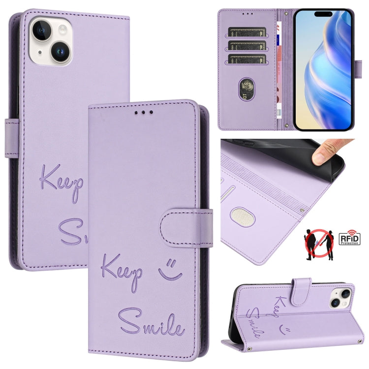 スマイル型押しRFIDレザー電話ケース、iPhone 16用、iPhone 15 Pro Max用、iPhone 15 Pro用、iPhone 15 Plus用、iPhone 15用、iPhone 14 Plus用、iPhone 14 / 13用、iPhone 14 Pro用