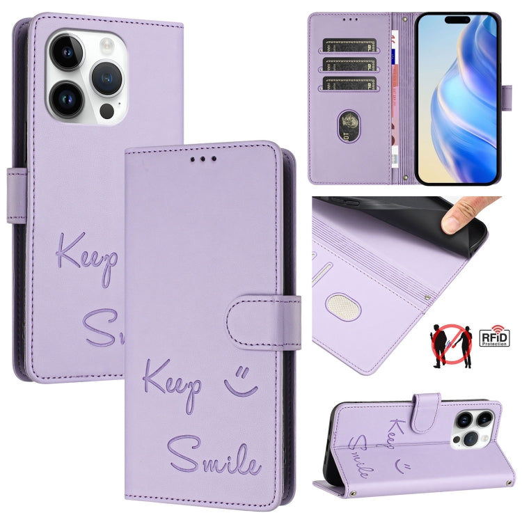 スマイル型押しRFIDレザー電話ケース、iPhone 16用、iPhone 15 Pro Max用、iPhone 15 Pro用、iPhone 15 Plus用、iPhone 15用、iPhone 14 Plus用、iPhone 14 / 13用、iPhone 14 Pro用