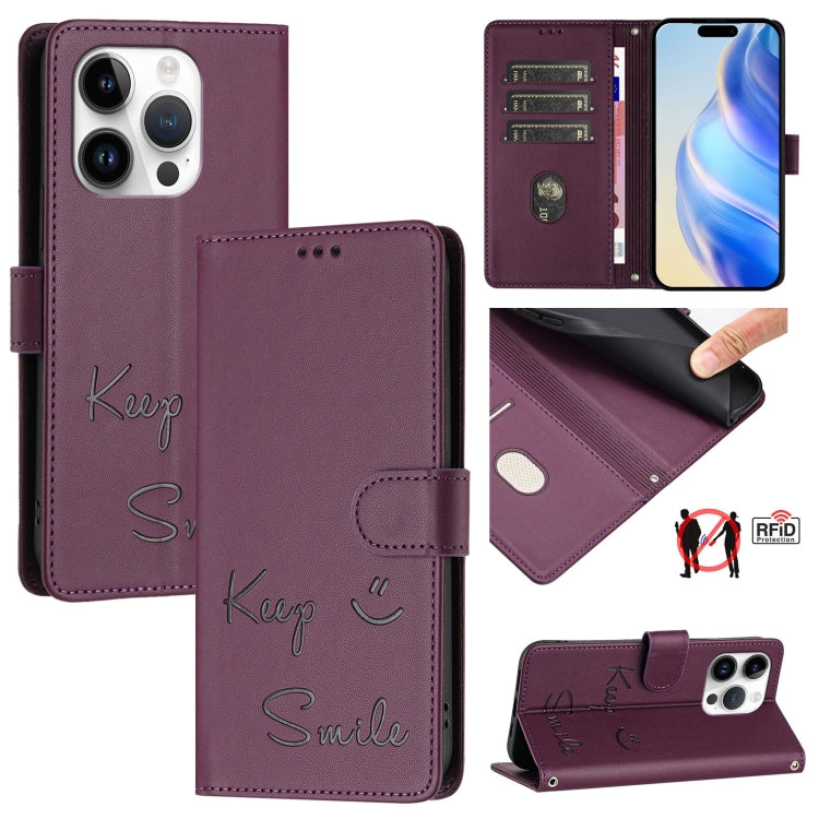 スマイル型押しRFIDレザー電話ケース、iPhone 16用、iPhone 15 Pro Max用、iPhone 15 Pro用、iPhone 15 Plus用、iPhone 15用、iPhone 14 Plus用、iPhone 14 / 13用、iPhone 14 Pro用