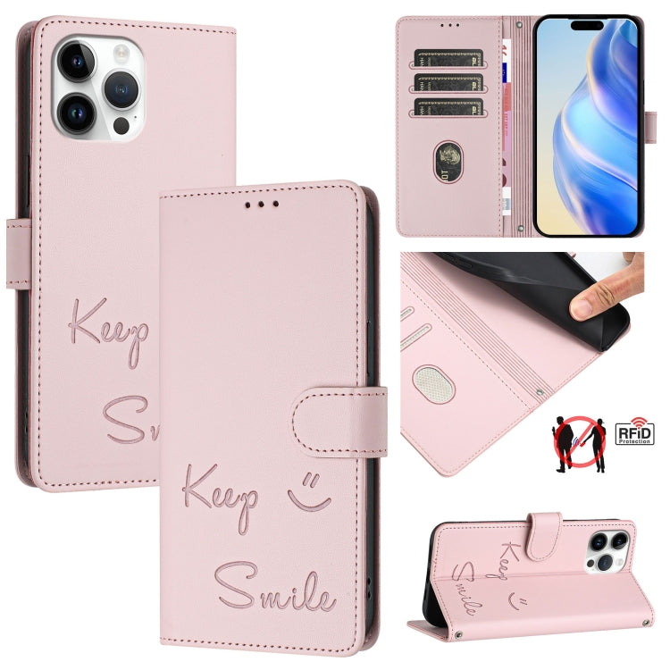 スマイルエンボスRFIDレザースマホケース、iPhone 14 Pro Max用、iPhone SE 2022 / 2020 / 8 / 7用、iPhone 13 Pro Max用、iPhone 13 Pro用、iPhone 13 mini用、iPhone 12 / 12 Pro用、iPhone 12 Pro Max用、iPhone 12 mini用