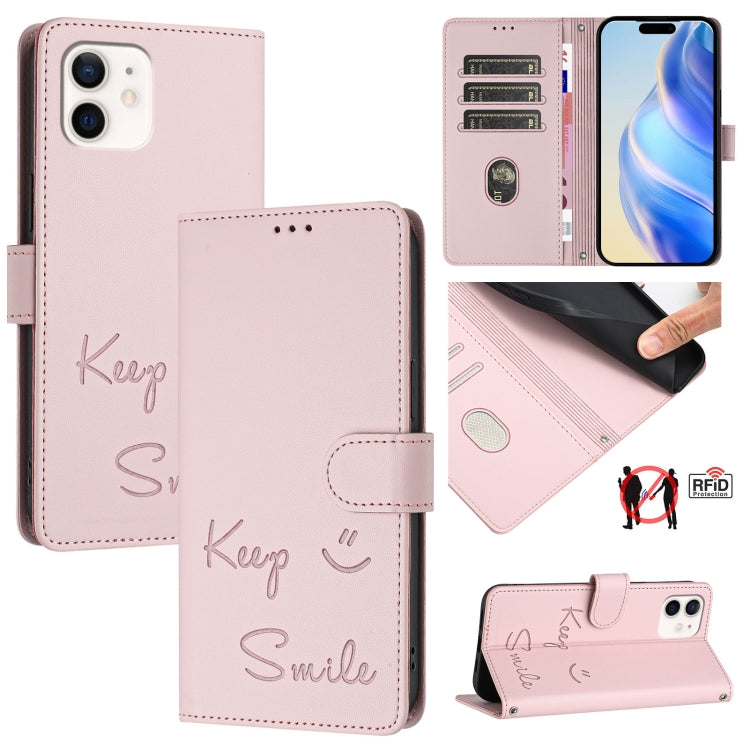 スマイルエンボスRFIDレザースマホケース、iPhone 14 Pro Max用、iPhone SE 2022 / 2020 / 8 / 7用、iPhone 13 Pro Max用、iPhone 13 Pro用、iPhone 13 mini用、iPhone 12 / 12 Pro用、iPhone 12 Pro Max用、iPhone 12 mini用