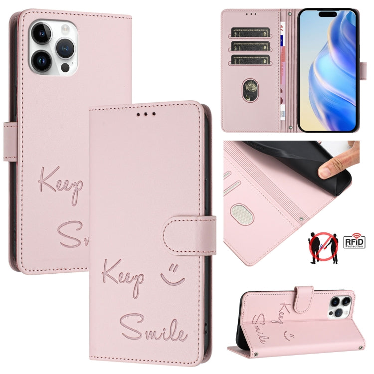 スマイルエンボスRFIDレザースマホケース、iPhone 14 Pro Max用、iPhone SE 2022 / 2020 / 8 / 7用、iPhone 13 Pro Max用、iPhone 13 Pro用、iPhone 13 mini用、iPhone 12 / 12 Pro用、iPhone 12 Pro Max用、iPhone 12 mini用