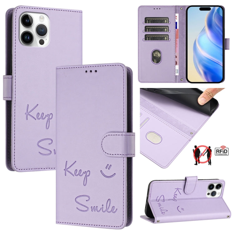 スマイルエンボスRFIDレザースマホケース、iPhone 14 Pro Max用、iPhone SE 2022 / 2020 / 8 / 7用、iPhone 13 Pro Max用、iPhone 13 Pro用、iPhone 13 mini用、iPhone 12 / 12 Pro用、iPhone 12 Pro Max用、iPhone 12 mini用