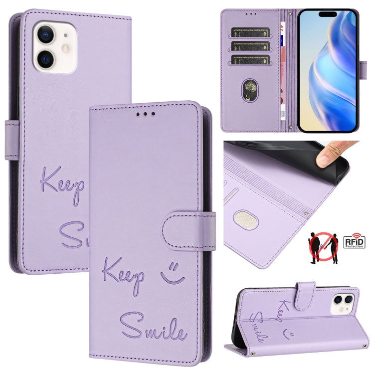 スマイルエンボスRFIDレザースマホケース、iPhone 14 Pro Max用、iPhone SE 2022 / 2020 / 8 / 7用、iPhone 13 Pro Max用、iPhone 13 Pro用、iPhone 13 mini用、iPhone 12 / 12 Pro用、iPhone 12 Pro Max用、iPhone 12 mini用