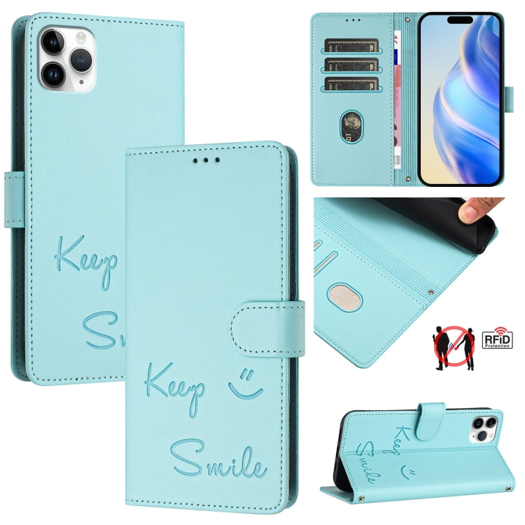 スマイルエンボスRFIDレザースマホケース、iPhone 11 Pro Max用、iPhone 11用、iPhone 11 Pro用、iPod Touch 7 / 6 / 5用、iPhone X / XS用、iPhone XR用、iPhone XS Max用、iPhone 8 Plus / 7 Plus用