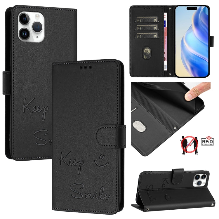 スマイルエンボスRFIDレザースマホケース、iPhone 11 Pro Max用、iPhone 11用、iPhone 11 Pro用、iPod Touch 7 / 6 / 5用、iPhone X / XS用、iPhone XR用、iPhone XS Max用、iPhone 8 Plus / 7 Plus用