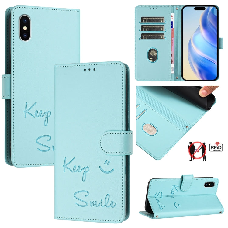 スマイルエンボスRFIDレザースマホケース、iPhone 11 Pro Max用、iPhone 11用、iPhone 11 Pro用、iPod Touch 7 / 6 / 5用、iPhone X / XS用、iPhone XR用、iPhone XS Max用、iPhone 8 Plus / 7 Plus用