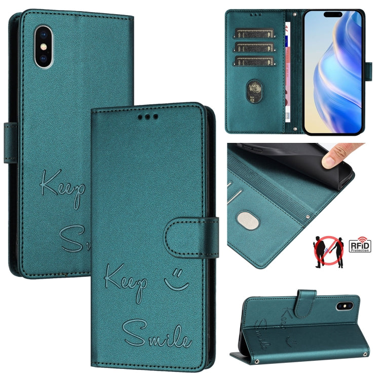スマイルエンボスRFIDレザースマホケース、iPhone 11 Pro Max用、iPhone 11用、iPhone 11 Pro用、iPod Touch 7 / 6 / 5用、iPhone X / XS用、iPhone XR用、iPhone XS Max用、iPhone 8 Plus / 7 Plus用