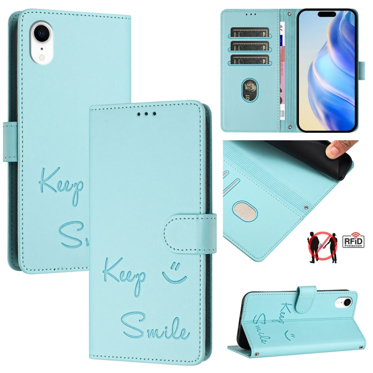スマイルエンボスRFIDレザースマホケース、iPhone 11 Pro Max用、iPhone 11用、iPhone 11 Pro用、iPod Touch 7 / 6 / 5用、iPhone X / XS用、iPhone XR用、iPhone XS Max用、iPhone 8 Plus / 7 Plus用