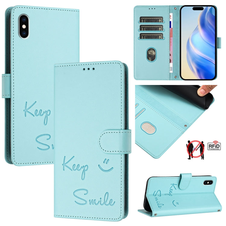 スマイルエンボスRFIDレザースマホケース、iPhone 11 Pro Max用、iPhone 11用、iPhone 11 Pro用、iPod Touch 7 / 6 / 5用、iPhone X / XS用、iPhone XR用、iPhone XS Max用、iPhone 8 Plus / 7 Plus用