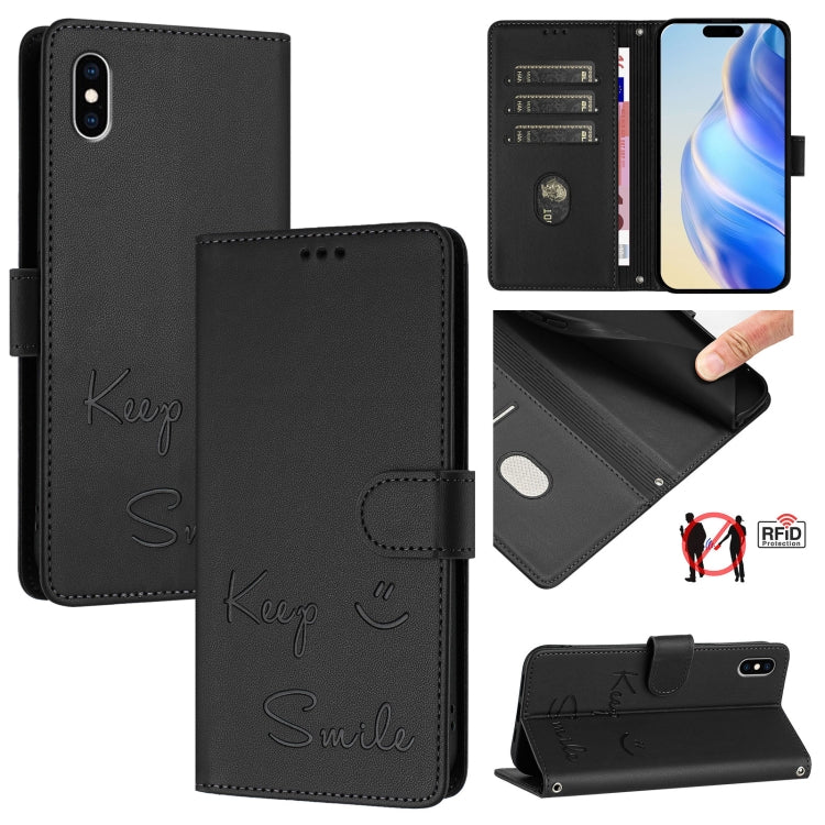 スマイルエンボスRFIDレザースマホケース、iPhone 11 Pro Max用、iPhone 11用、iPhone 11 Pro用、iPod Touch 7 / 6 / 5用、iPhone X / XS用、iPhone XR用、iPhone XS Max用、iPhone 8 Plus / 7 Plus用