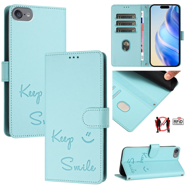 スマイルエンボスRFIDレザースマホケース、iPhone 11 Pro Max用、iPhone 11用、iPhone 11 Pro用、iPod Touch 7 / 6 / 5用、iPhone X / XS用、iPhone XR用、iPhone XS Max用、iPhone 8 Plus / 7 Plus用