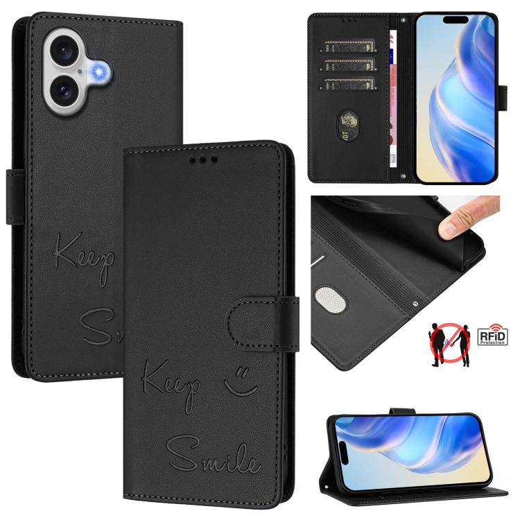スマイルエンボスRFIDレザースマホケース、iPhone 17 Pro Max用、iPhone 17 Pro用、iPhone 17用、iPhone Air用、iPhone SE 2024用、iPhone 16 Pro Max用、iPhone 16 Pro用、iPhone 16 Plus用