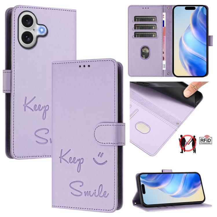 スマイルエンボスRFIDレザースマホケース、iPhone 17 Pro Max用、iPhone 17 Pro用、iPhone 17用、iPhone Air用、iPhone SE 2024用、iPhone 16 Pro Max用、iPhone 16 Pro用、iPhone 16 Plus用