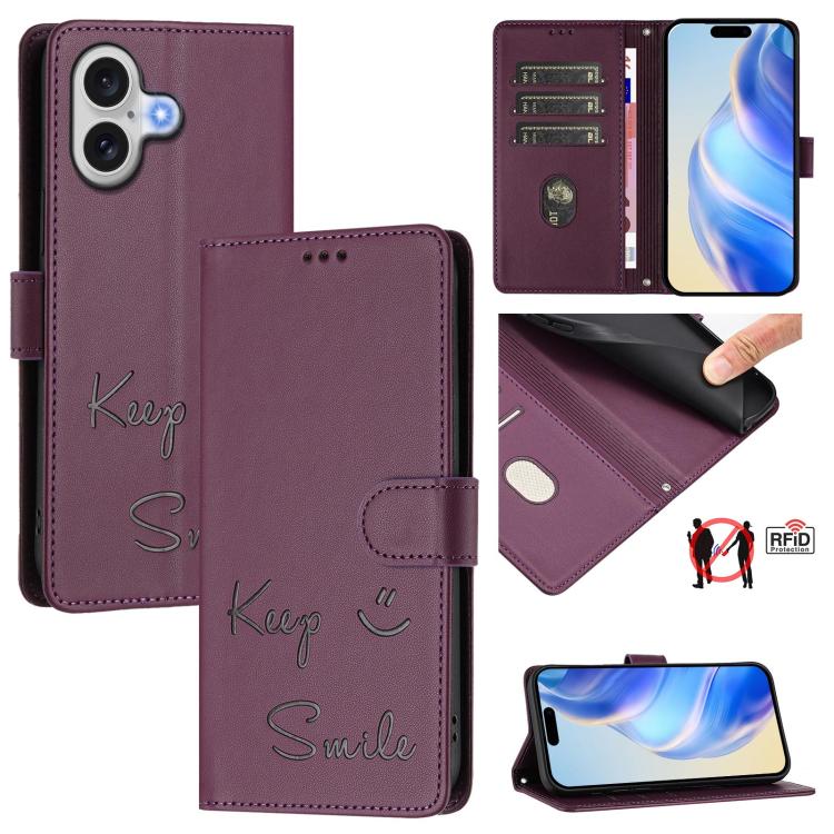 スマイルエンボスRFIDレザースマホケース、iPhone 17 Pro Max用、iPhone 17 Pro用、iPhone 17用、iPhone Air用、iPhone SE 2024用、iPhone 16 Pro Max用、iPhone 16 Pro用、iPhone 16 Plus用