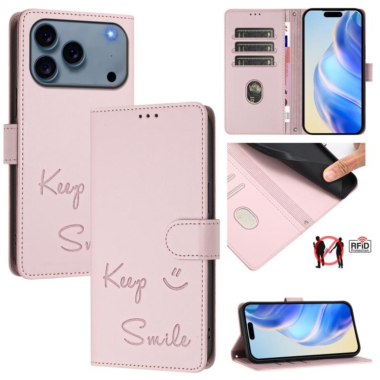スマイルエンボスRFIDレザースマホケース、iPhone 17 Pro Max用、iPhone 17 Pro用、iPhone 17用、iPhone Air用、iPhone SE 2024用、iPhone 16 Pro Max用、iPhone 16 Pro用、iPhone 16 Plus用