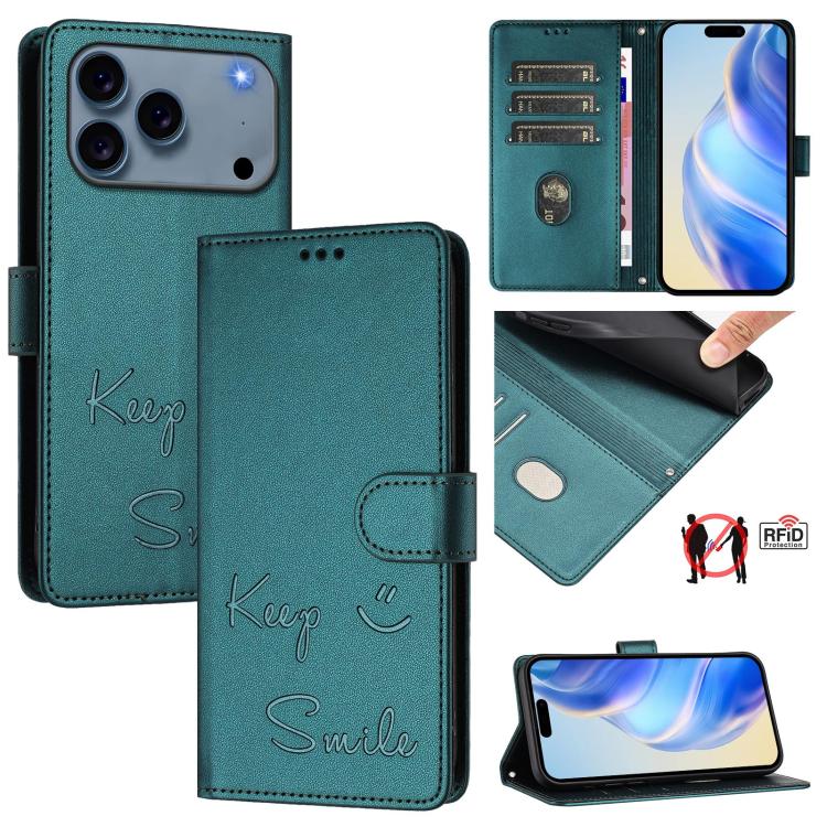 スマイルエンボスRFIDレザースマホケース、iPhone 17 Pro Max用、iPhone 17 Pro用、iPhone 17用、iPhone Air用、iPhone SE 2024用、iPhone 16 Pro Max用、iPhone 16 Pro用、iPhone 16 Plus用