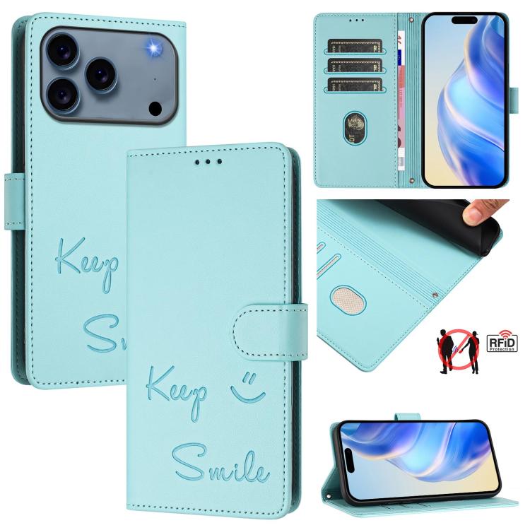 スマイルエンボスRFIDレザースマホケース、iPhone 17 Pro Max用、iPhone 17 Pro用、iPhone 17用、iPhone Air用、iPhone SE 2024用、iPhone 16 Pro Max用、iPhone 16 Pro用、iPhone 16 Plus用