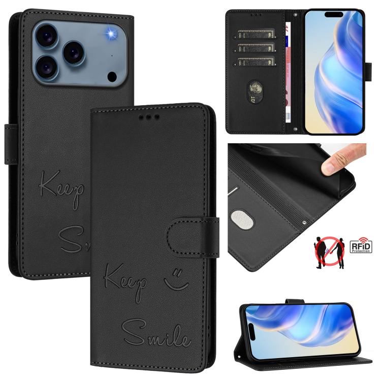 スマイルエンボスRFIDレザースマホケース、iPhone 17 Pro Max用、iPhone 17 Pro用、iPhone 17用、iPhone Air用、iPhone SE 2024用、iPhone 16 Pro Max用、iPhone 16 Pro用、iPhone 16 Plus用