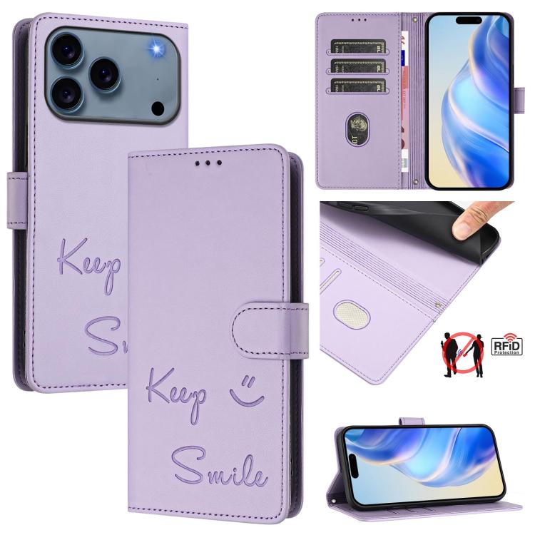 スマイルエンボスRFIDレザースマホケース、iPhone 17 Pro Max用、iPhone 17 Pro用、iPhone 17用、iPhone Air用、iPhone SE 2024用、iPhone 16 Pro Max用、iPhone 16 Pro用、iPhone 16 Plus用