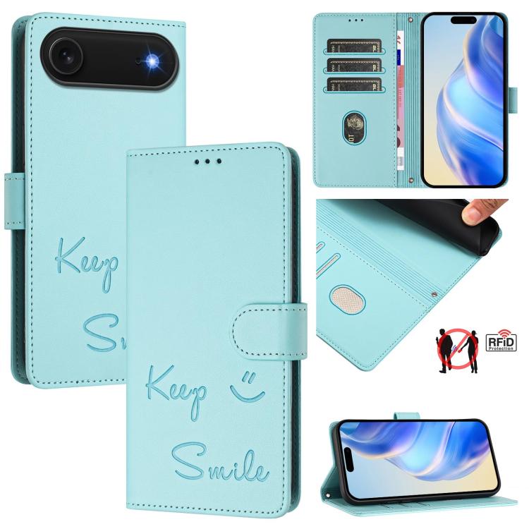 スマイルエンボスRFIDレザースマホケース、iPhone 17 Pro Max用、iPhone 17 Pro用、iPhone 17用、iPhone Air用、iPhone SE 2024用、iPhone 16 Pro Max用、iPhone 16 Pro用、iPhone 16 Plus用