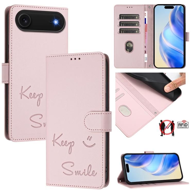 スマイルエンボスRFIDレザースマホケース、iPhone 17 Pro Max用、iPhone 17 Pro用、iPhone 17用、iPhone Air用、iPhone SE 2024用、iPhone 16 Pro Max用、iPhone 16 Pro用、iPhone 16 Plus用