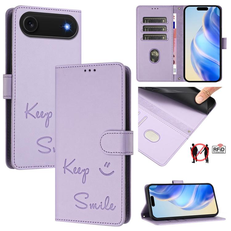 スマイルエンボスRFIDレザースマホケース、iPhone 17 Pro Max用、iPhone 17 Pro用、iPhone 17用、iPhone Air用、iPhone SE 2024用、iPhone 16 Pro Max用、iPhone 16 Pro用、iPhone 16 Plus用