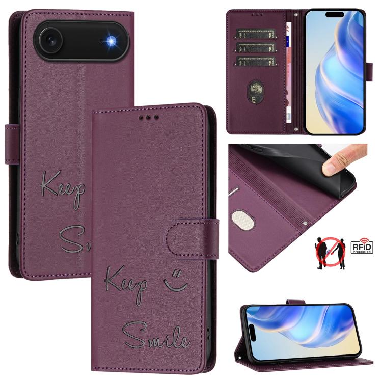 スマイルエンボスRFIDレザースマホケース、iPhone 17 Pro Max用、iPhone 17 Pro用、iPhone 17用、iPhone Air用、iPhone SE 2024用、iPhone 16 Pro Max用、iPhone 16 Pro用、iPhone 16 Plus用