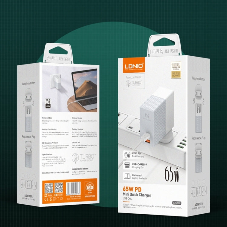 LDNIO A2620C PD3.0 65W USB電源アダプター トラベル充電器 Type-C to Type-C ケーブル付き、EUプラグ、USプラグ、UKプラグ