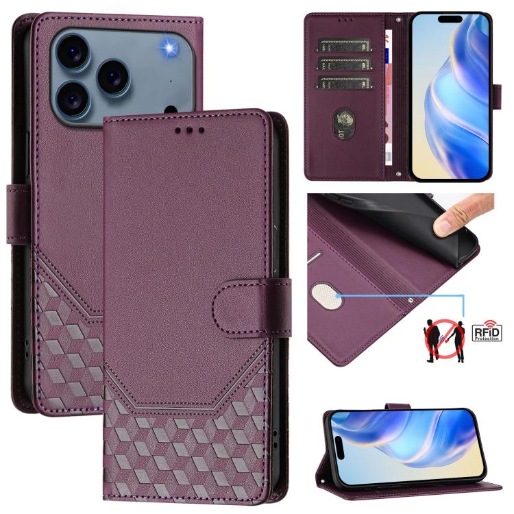 ハニカム型エンボス加工RFIDレザースマホケース、iPhone 17e / 16e用、iPhone 17 Pro Max用、iPhone 17 Pro用、iPhone 17用、iPhone Air用、iPhone 16 Pro Max用、iPhone 16 Pro用、iPhone 16 Plus用