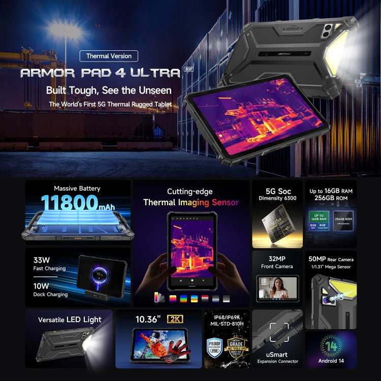 Ulefone Armor Pad 4 Ultra サーマルバージョン 頑丈タブレット、10.36インチ Android 14 MediaTek Dimensity 6300 オクタコア 5Gネットワーク、EUプラグ、Armor Pad 4 Ultra サーマルイメージング