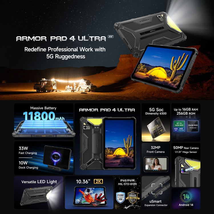 Ulefone Armor Pad 4 Ultra 頑丈タブレットPC、10.36インチ Android 14 MediaTek Dimensity 6300 オクタコア 5Gネットワーク、EUプラグ、Armor Pad 4 Ultra