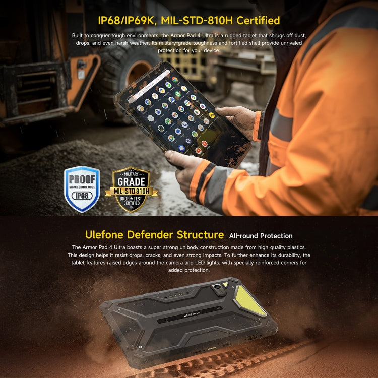Ulefone Armor Pad 4 Ultra 頑丈タブレットPC、10.36インチ Android 14 MediaTek Dimensity 6300 オクタコア 5Gネットワーク、EUプラグ、Armor Pad 4 Ultra