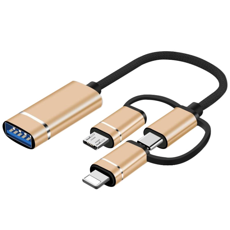 3-in-1 USB メスから Micro USB、Type-C、8ピン オス OTGアダプター