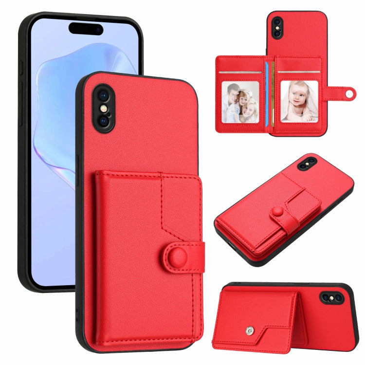 ボタンカードバッグRFID防盗スマホケース、iPhone 12 mini用、iPhone 11 Pro Max用、iPhone 11用、iPhone 11 Pro用、iPhone XS / X用、iPhone XR用、iPhone XS Max用、iPhone 8 Plus / 7 Plus用