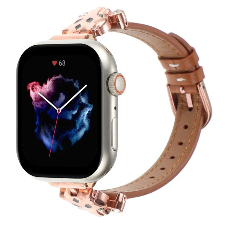 ヒョウ柄ヘッド本革ウォッチバンド、Apple Watch 46mm / 49mm / 45mm / 44mm用、Apple Watch 42mm / 41mm / 40mm / 38mm用