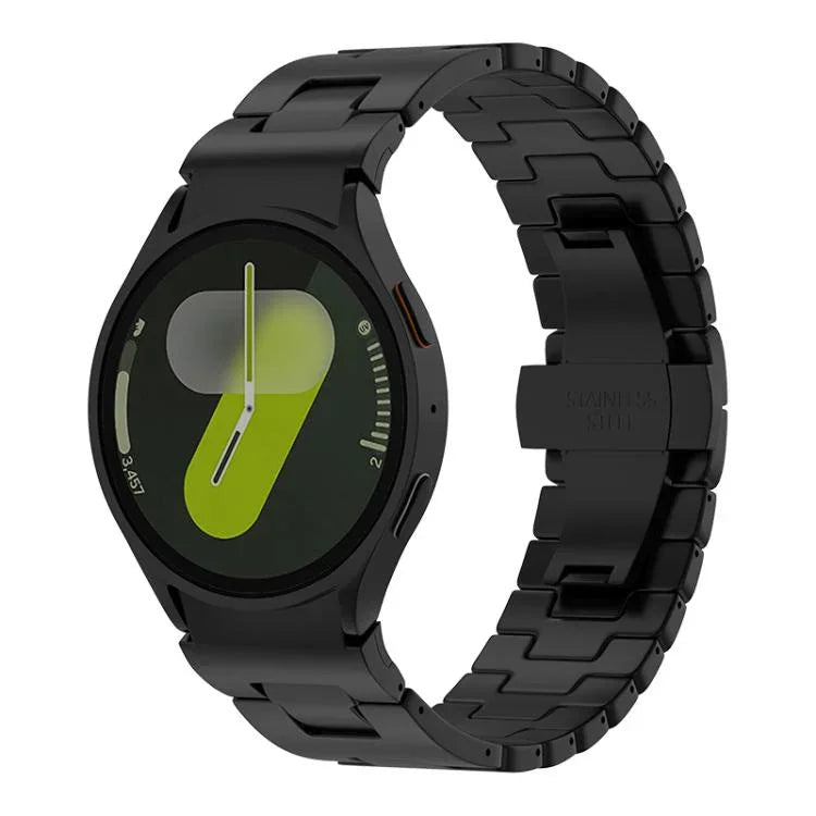 Stainless steel quick release watch band on Samsung Galaxy Watch 7 showcasing a sleek design and modern aesthetic.