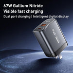 REMAX U2-AC 67W USB と Type-C GaN デジタルディスプレイ急速充電器、EUプラグ、UKプラグ