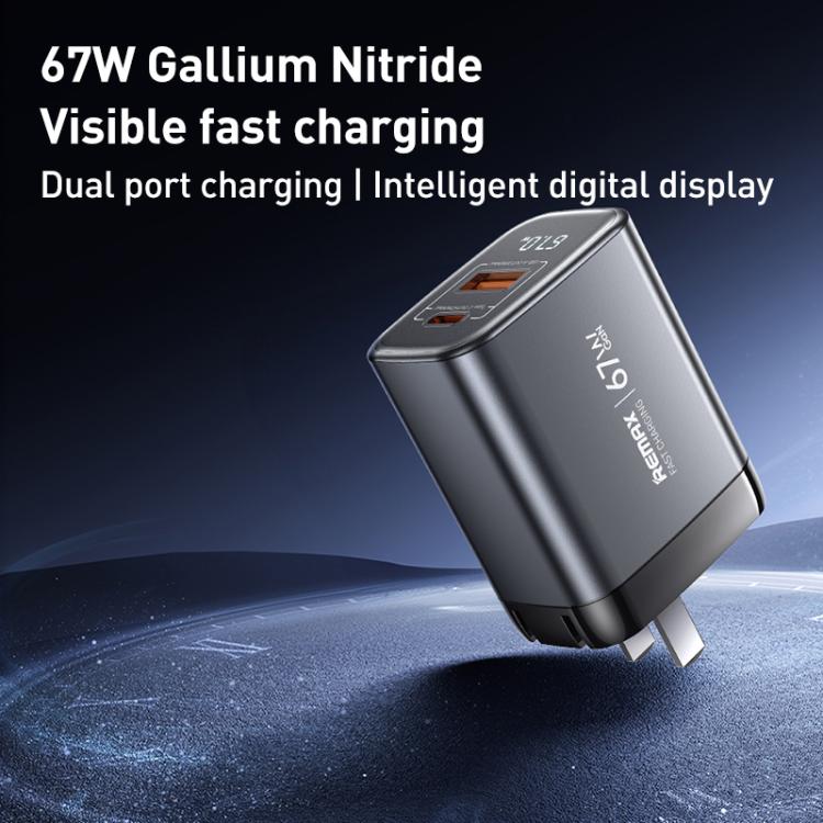 REMAX U2-AC 67W USB と Type-C GaN デジタルディスプレイ急速充電器、EUプラグ、UKプラグ