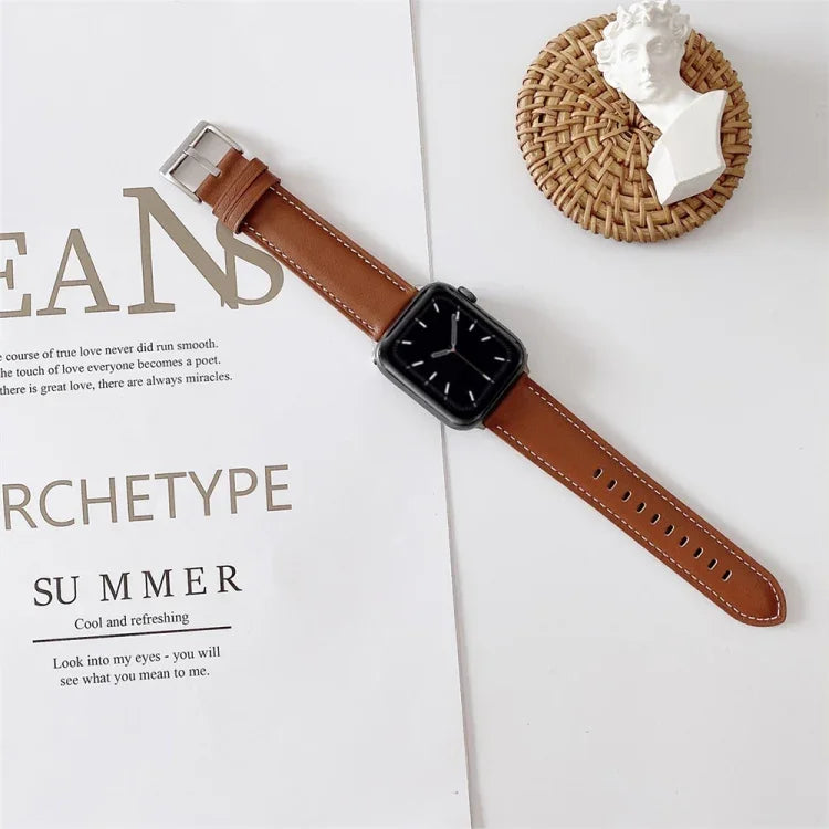 Vテールスタイルステッチレザーウォッチリストストラップ、Apple Watch 5 & 4 44mm / 3 & 2 & 1 42mm用、Apple Watch Series 8&7 41mm / SE 2&6&SE&5&4 40mm / 3&2&1 38mm用、Apple Watch Series 7 41mm / 6 & SE & 5 & 4 40mm / 3 & 2 & 1 38mm用