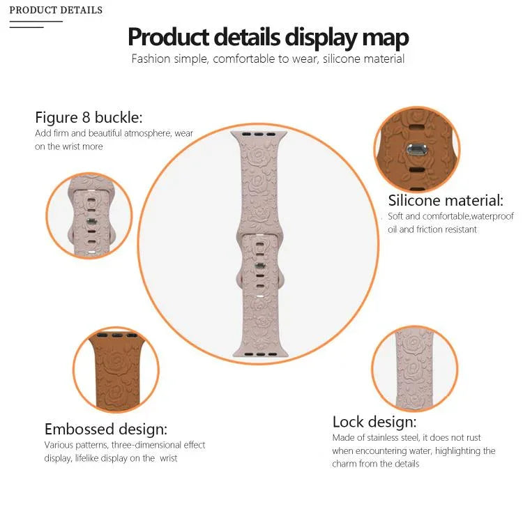 Kalebol 8字バックル ローズ型押しシリコンウォッチバンド Apple Watch 46mm / 49mm / 45mm / 44mm用、Apple Watch 42mm / 41mm / 40mm / 38mm用